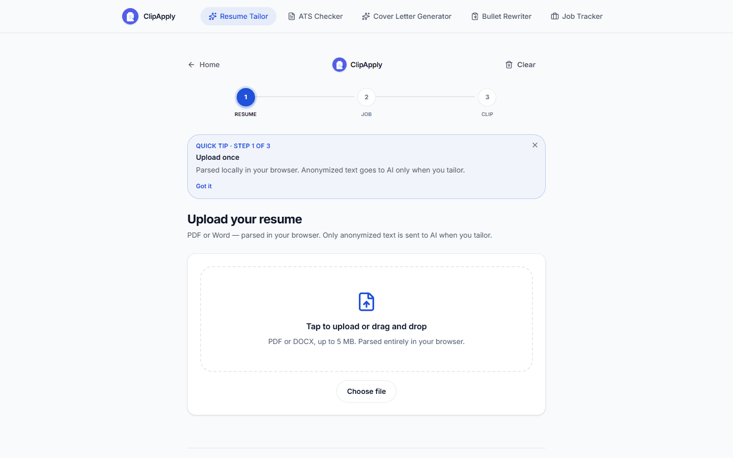 ClipApply tailor page — three-step upload flow with local browser parsing