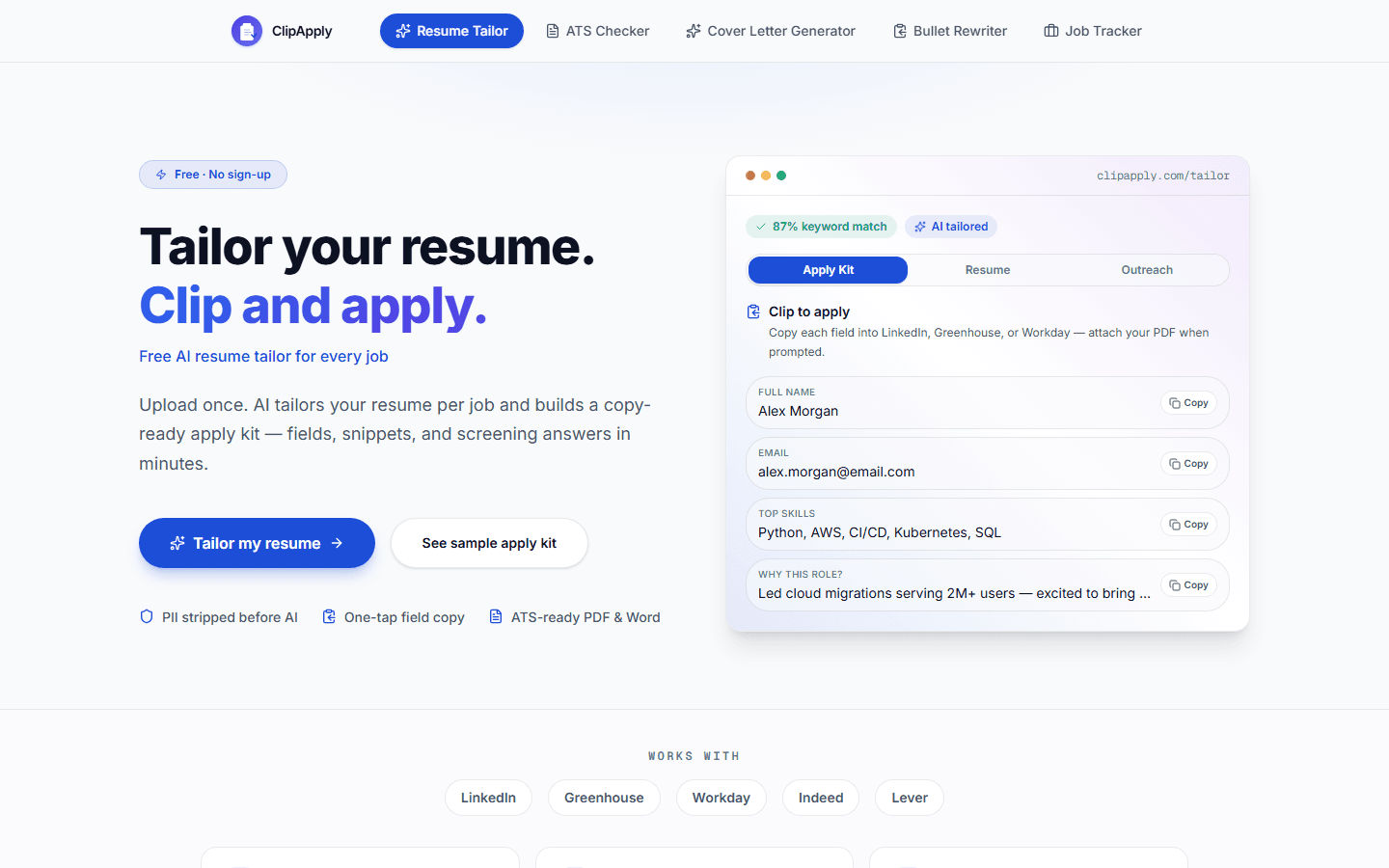 ClipApply homepage with apply kit preview