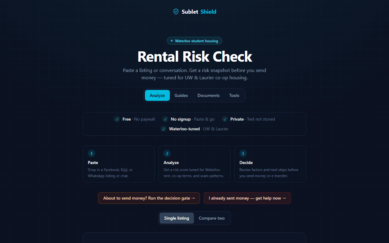 SubletShield rental risk check interface