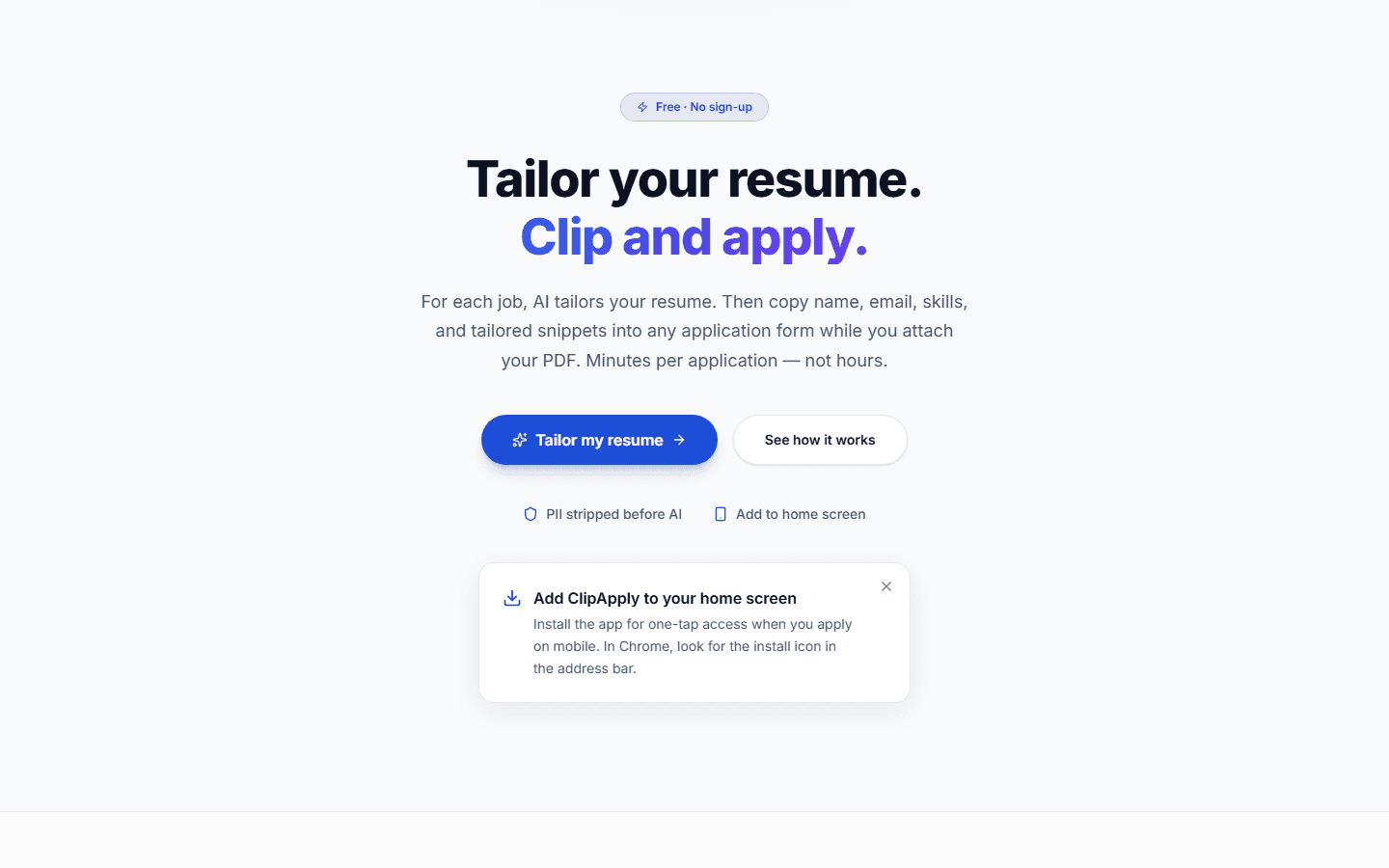 ClipApply homepage — Tailor your resume. Clip and apply.