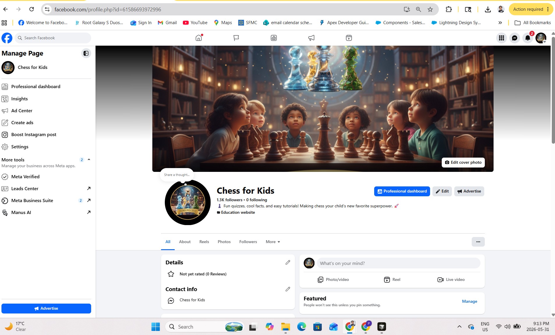 Chess for Kids Facebook Page Dashboard