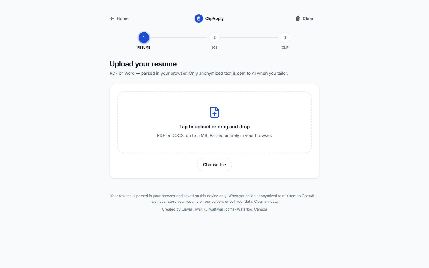 ClipApply tailor page — upload resume step with browser-side parsing